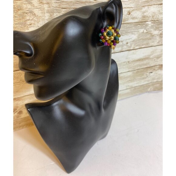 Mid-Century Cluster Earrings - Multi jewel tones w/ gold hexagon - Picture 3 of 6